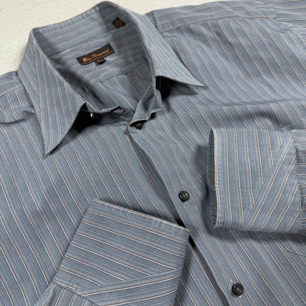 Ben Sherman Mens Blue Gray Striped Long Sleeve Button Down Cotton Shirt XL